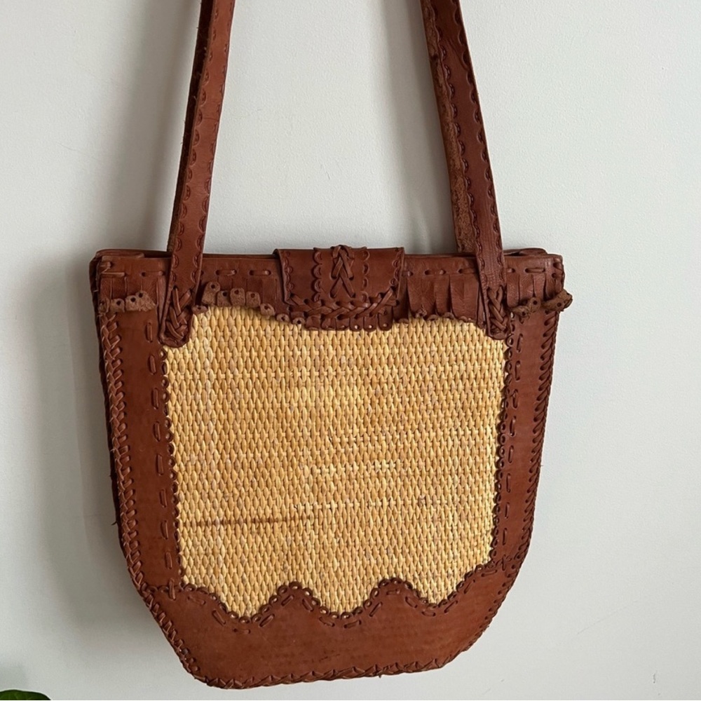 VINTAGE Leather Rattan Blend Brown Shoulder Bag - Picture 2 of 4